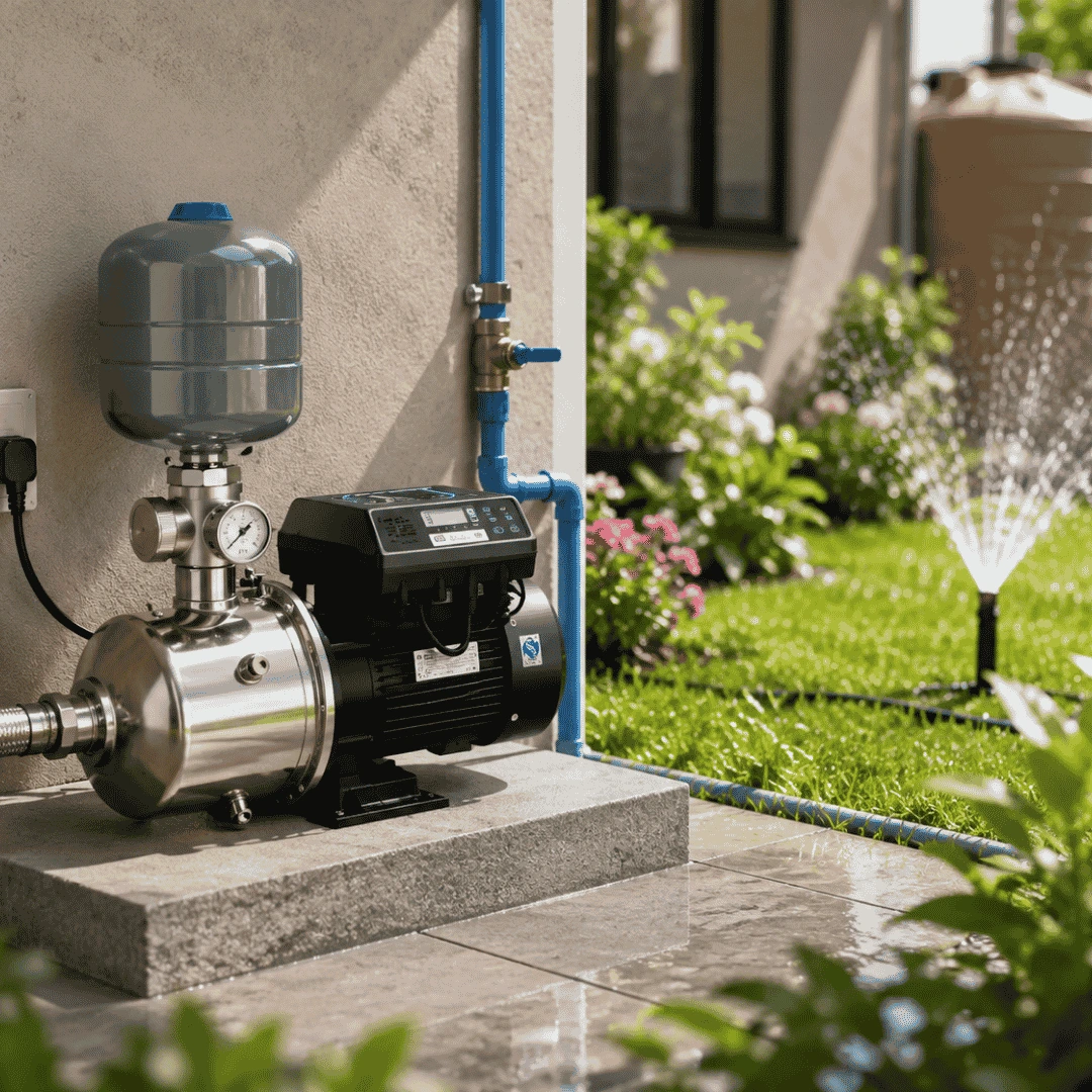 Booster pumps installed outside a home to support garden irrigation, with pressure tank, control panel and sprinkler system in use.