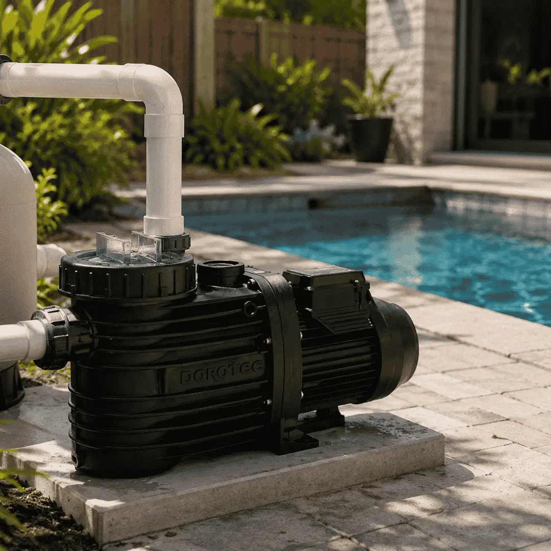 Pool pumps installed beside a swimming pool with PVC pipework and filtration system for clean water circulation.