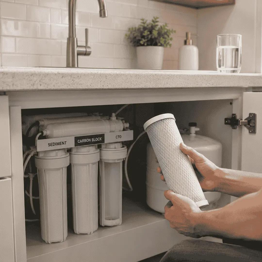Carbon block filters being replaced in an under-sink water filtration system to help remove chlorine, taste, odour and impurities from drinking water.