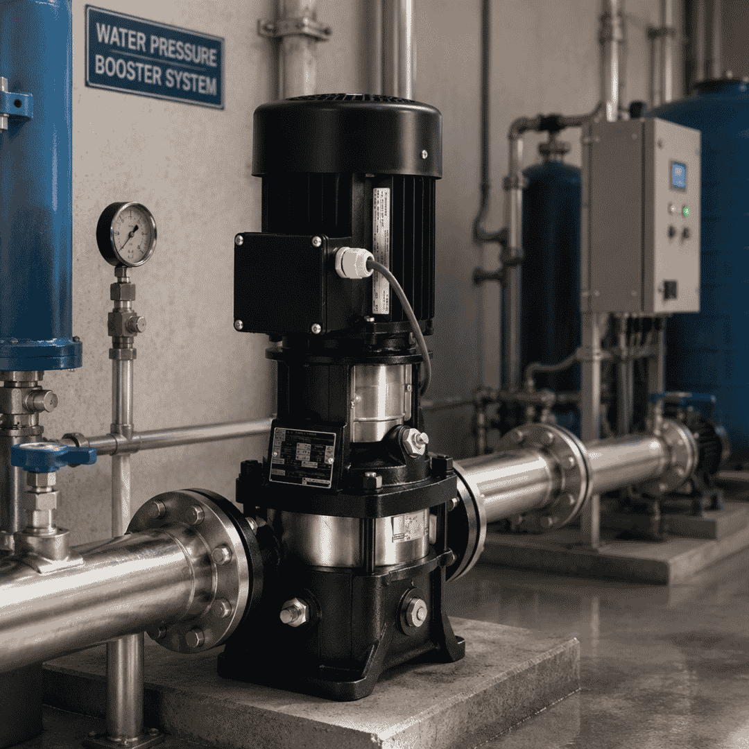 Centrifugal pumps installation in a water pressure booster system, showing a vertical multistage pump connected to stainless steel pipework in a pump room.