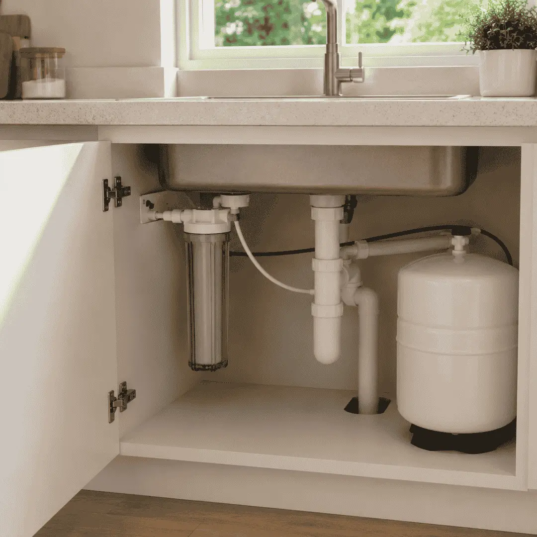 Filter housing installed under a kitchen sink as part of a home water filtration system with clear cartridge casing, plumbing connections and storage tank.