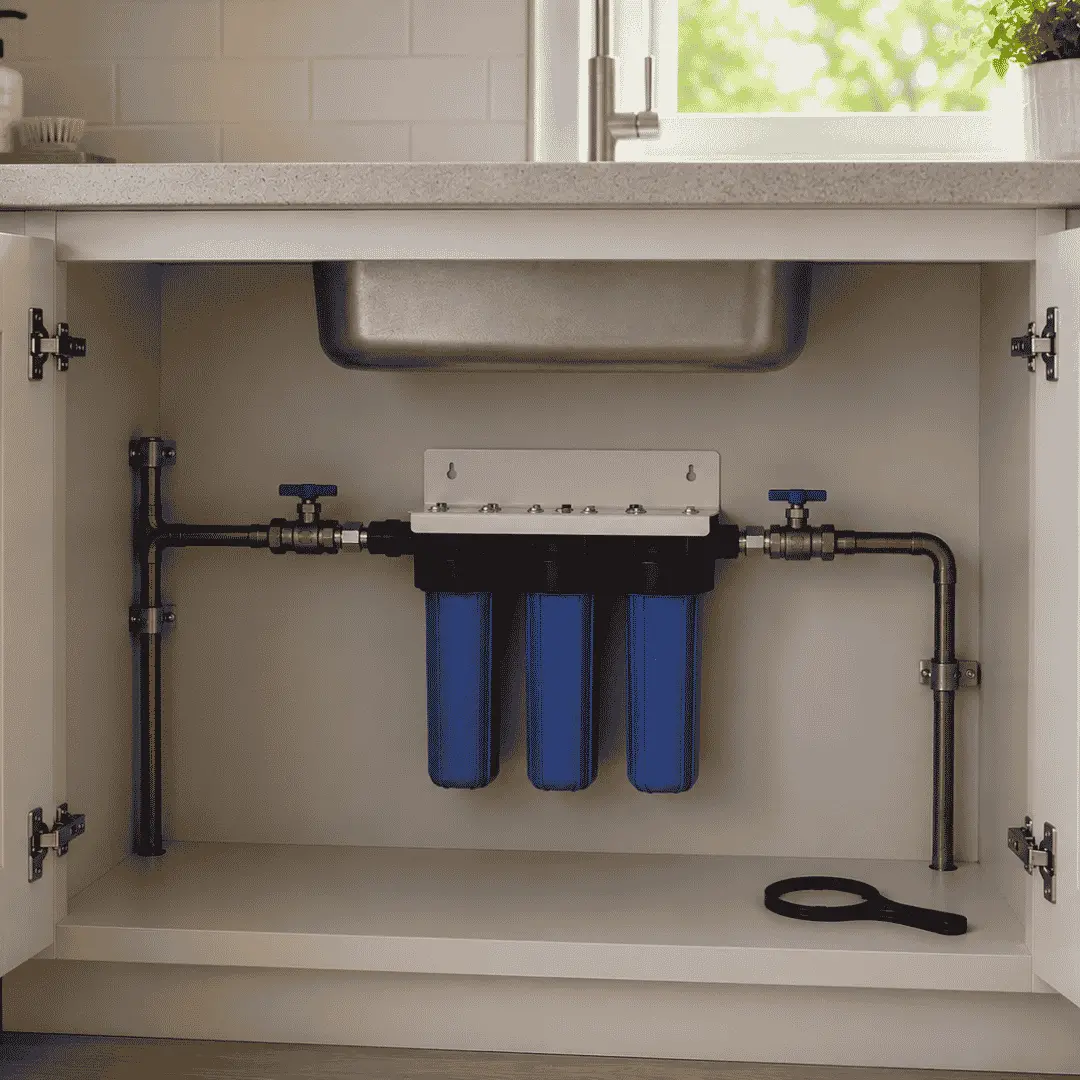 Filter sets installed under a kitchen sink, showing a three-stage water filtration system with blue filter housings, pipework and valves for home water filtration.