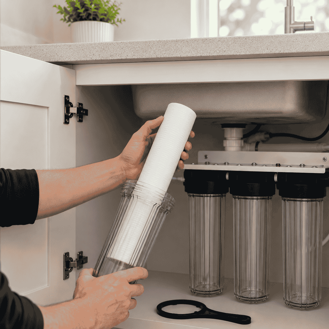 Melt blown filter being inserted into a clear under-sink filter housing as part of a home water filtration system.